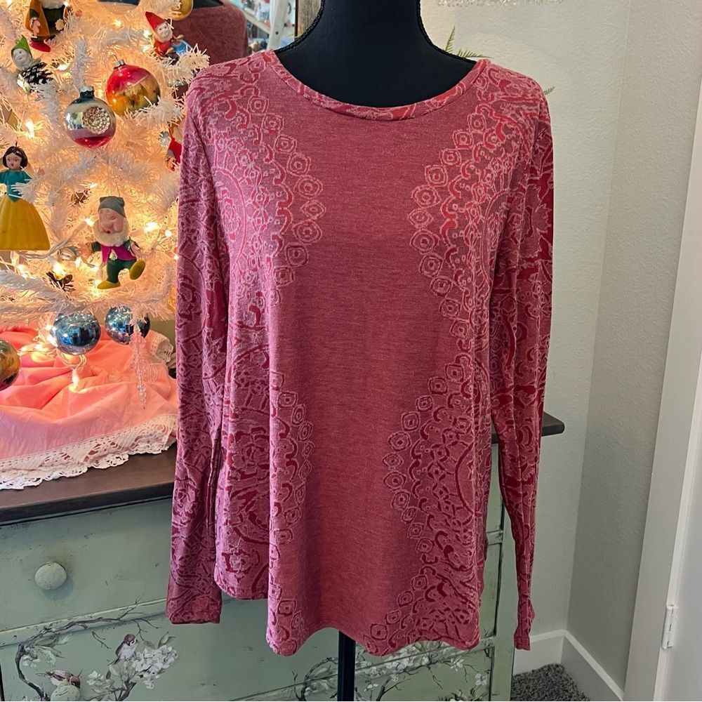 Simply Vera Wang Maroon Red Paisly Mandala Floral Long Sleeve Blouse Sz L
